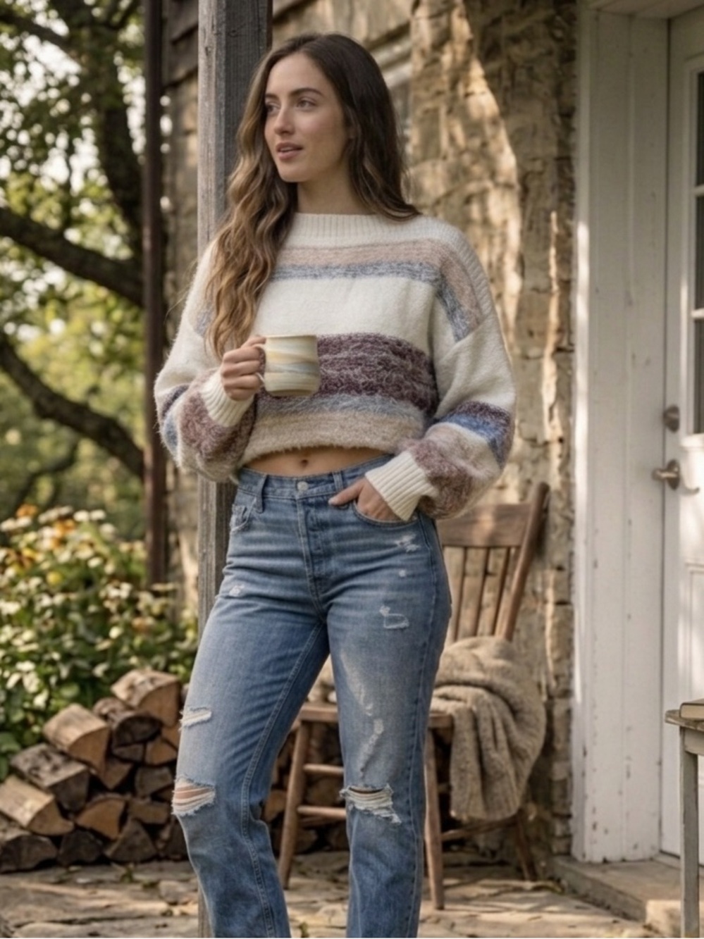 Gentle Fawn Multicolor Stripe Fuzzy Semi Crop Oversized Cottagecore Boho Sweater